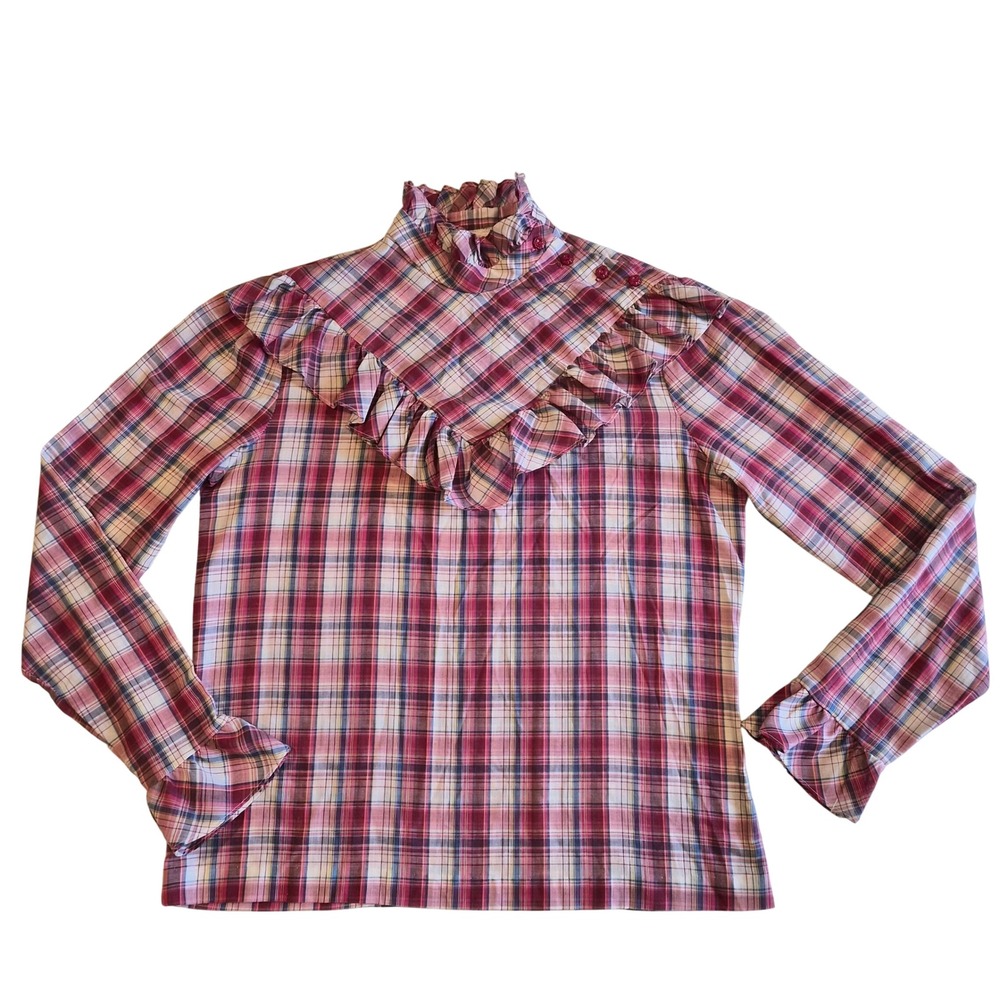 Vintage Plaid Ruffle Bib Blouse High Neck Long Sleeve Red Blue Check Top